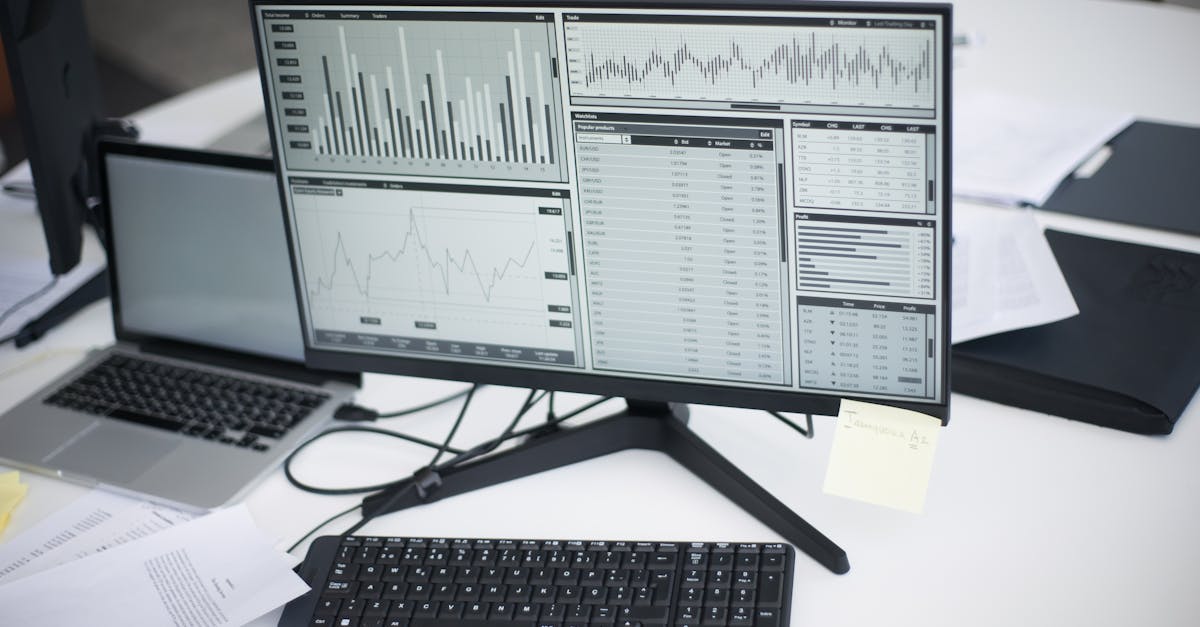 A professional workspace featuring computers and analytical graphs on a monitor, symbolizing modern business environment.