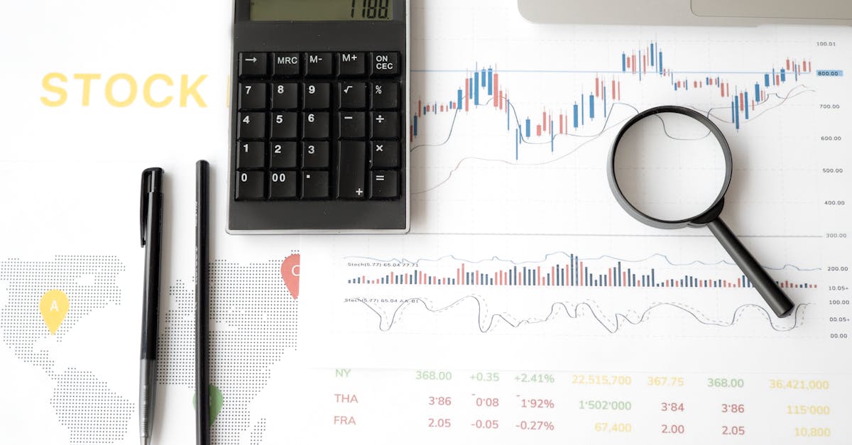Flat lay of stock market analysis tools including calculator, graphs, and magnifying glass.