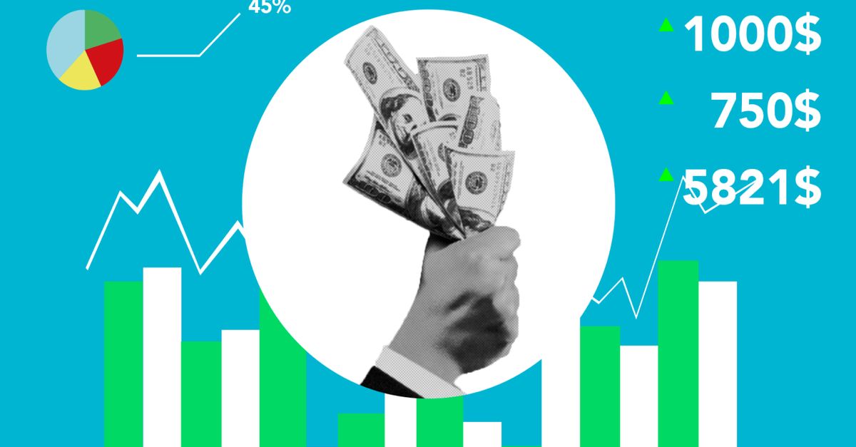 Decorative cardboard appliques representing hand with dollar banknotes and numbers above chart on blue background