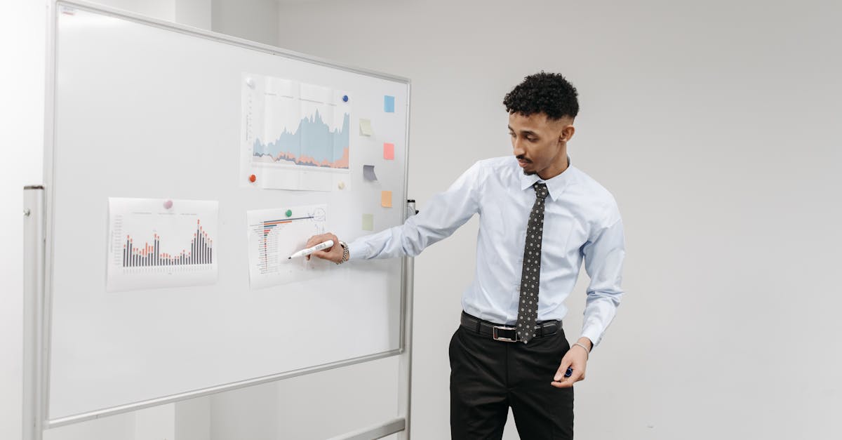 Man presenting charts on a whiteboard during a business meeting in a contemporary office.