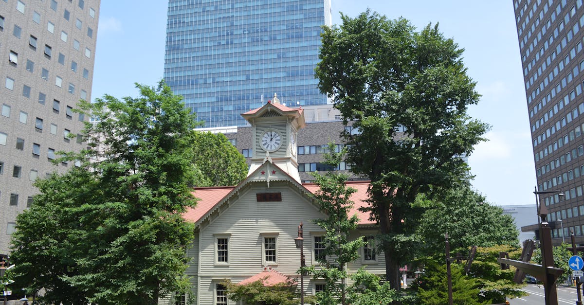 Daytime view of Sapporo's iconic clock tower surrounded by modern buildings and trees.