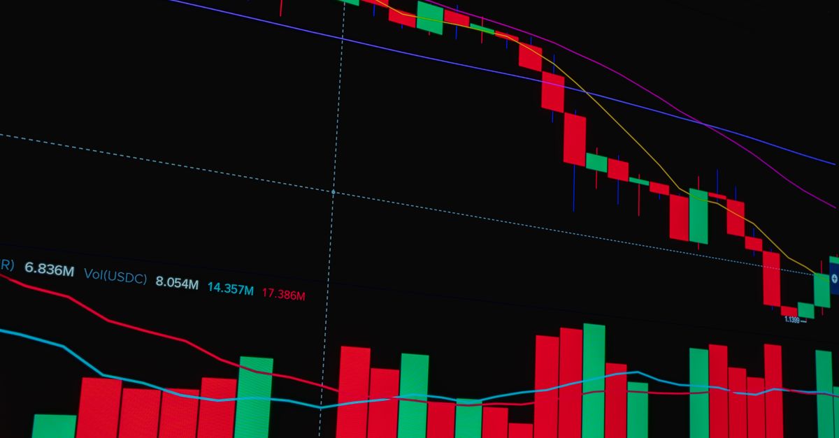 Stock market candlestick chart showing financial data trends with red and green bars.