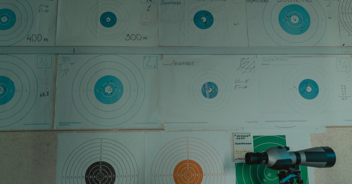 Image of a target shooting setup with a spotting scope and displayed target papers indoors.