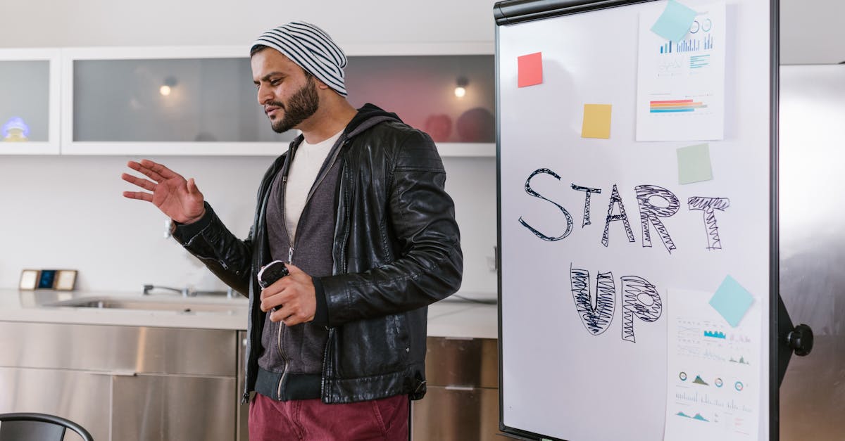 A bearded man presenting a startup business plan indoors using a whiteboard.