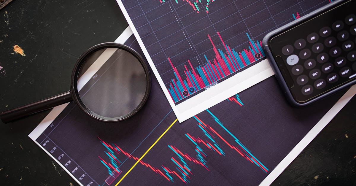 Stock market charts analyzed with a magnifying glass and calculator for financial research.