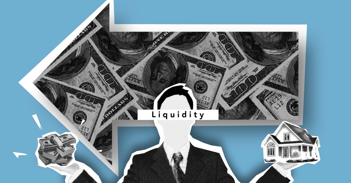 Collage depicting financial liquidity with dollars, a house, and a suit on a blue background.