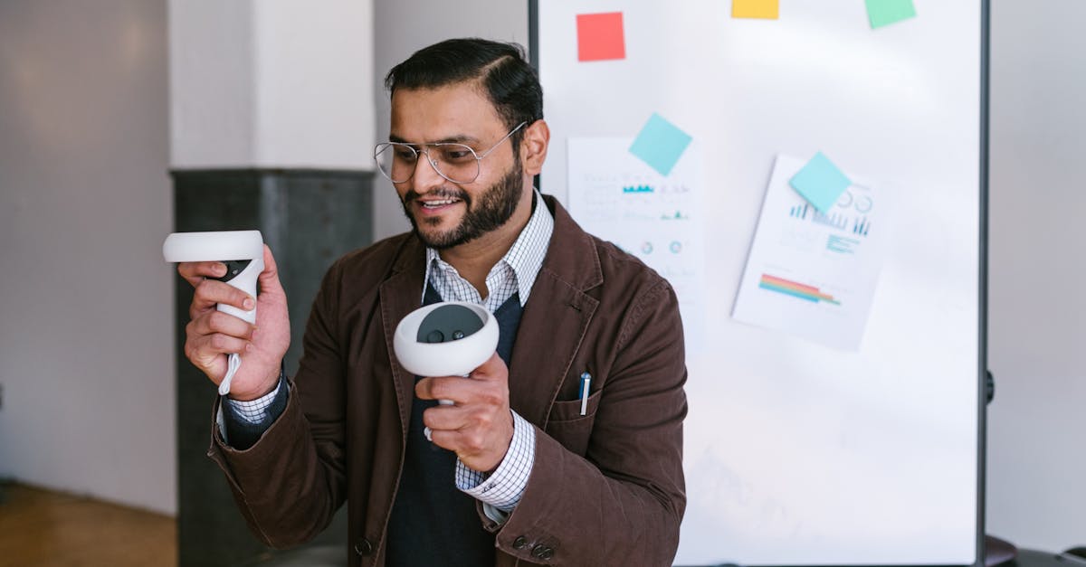 A business professional demonstrating virtual reality controllers during a presentation.