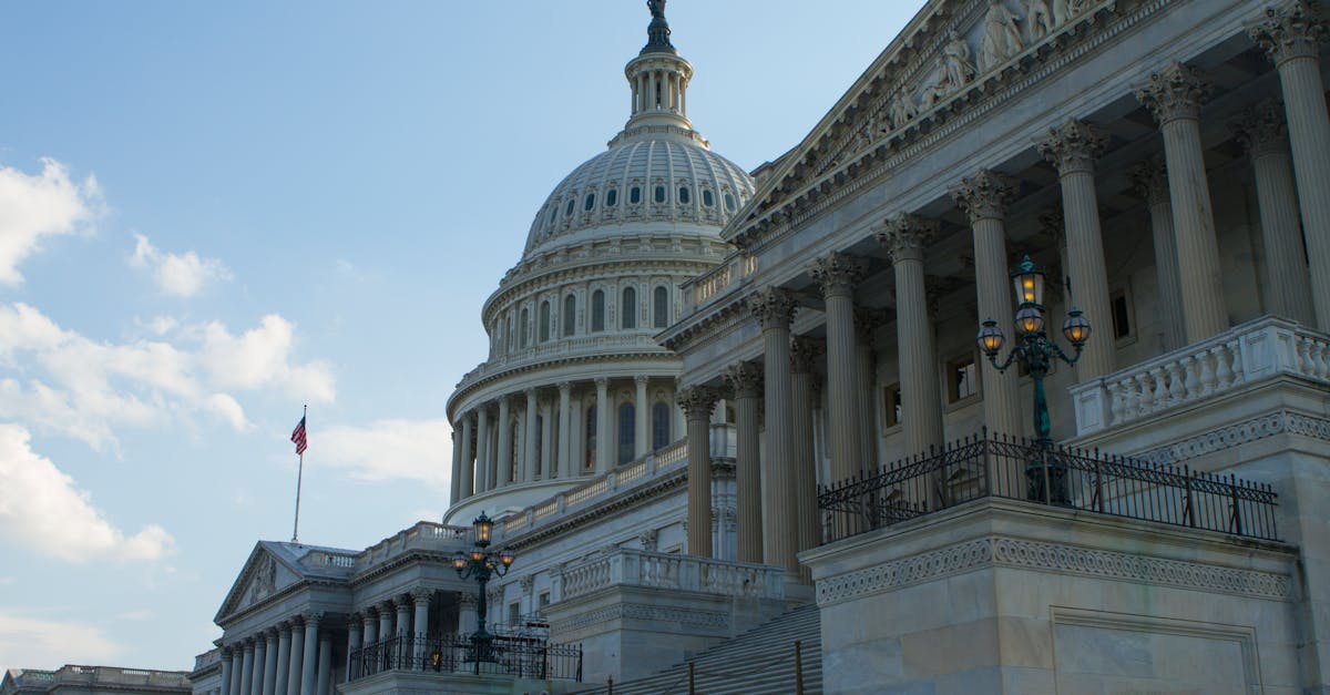 Classic view of the historic US Capitol Building in Washington, DC, with a clear blue sky.