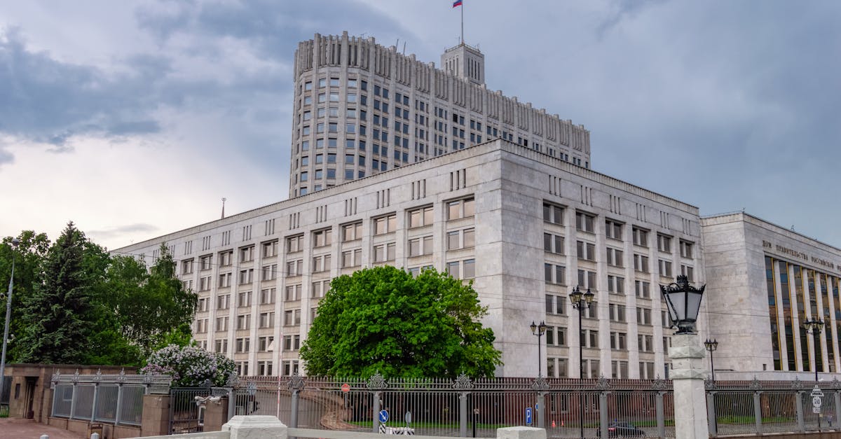 A view of the Russian White House, a prominent government building in Moscow, Russia.