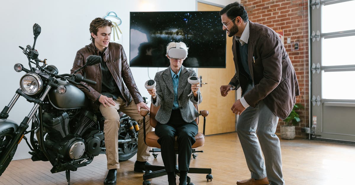 Two men assist a seated colleague with a virtual reality headset in a stylish, brick-walled office.