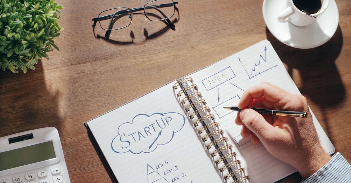 A creative workspace featuring startup planning on a notepad, eyeglasses, and a cup of coffee.