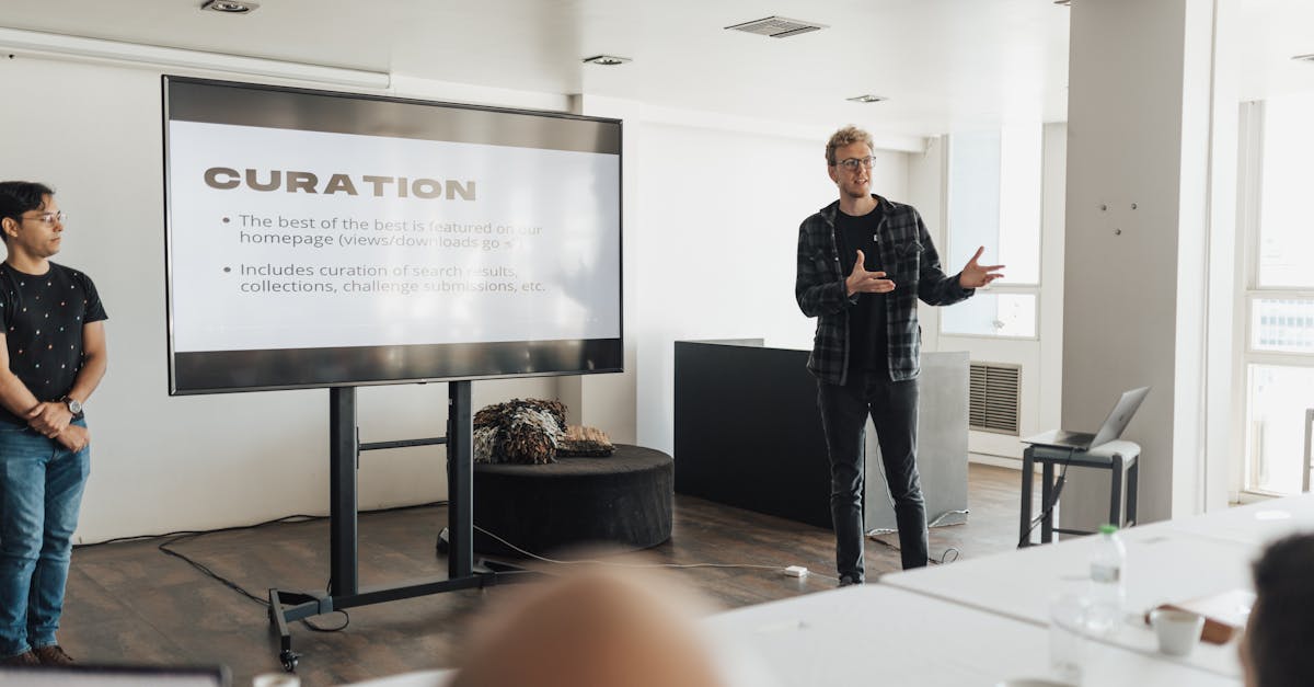 A professional giving a business presentation in a modern office setting, engaging the audience.