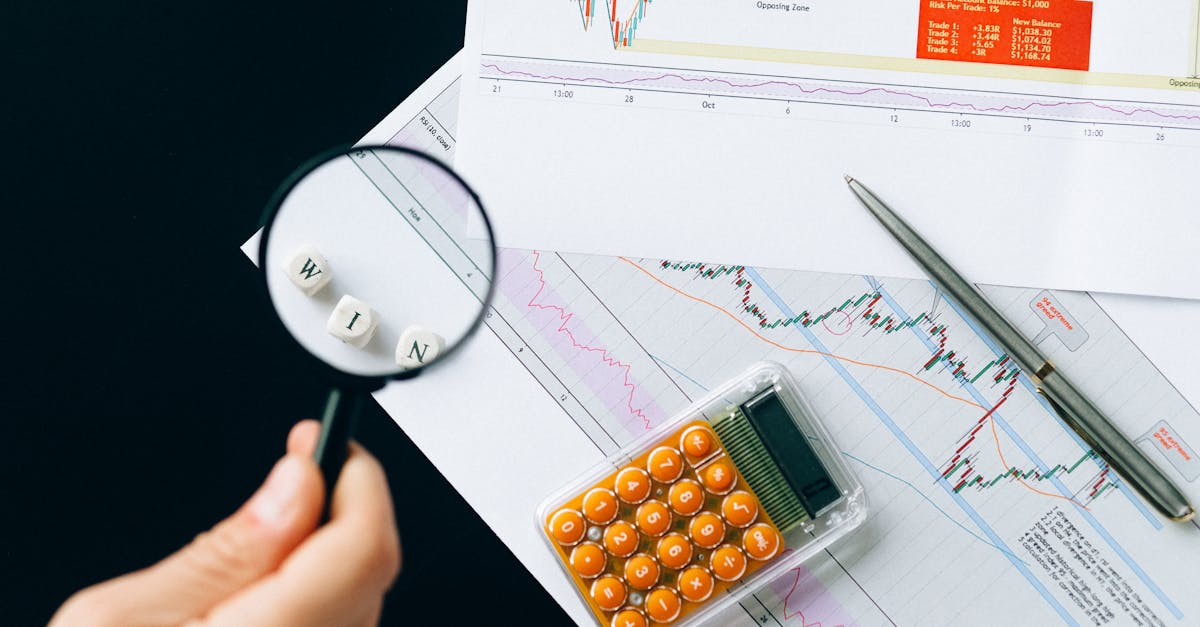 Magnifying glass highlighting the word 'WIN' over financial charts. Enhance your business analysis vision.