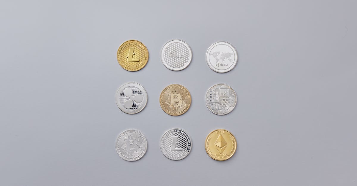 Image showcasing a selection of different cryptocurrency coins arranged on a neutral grey background.