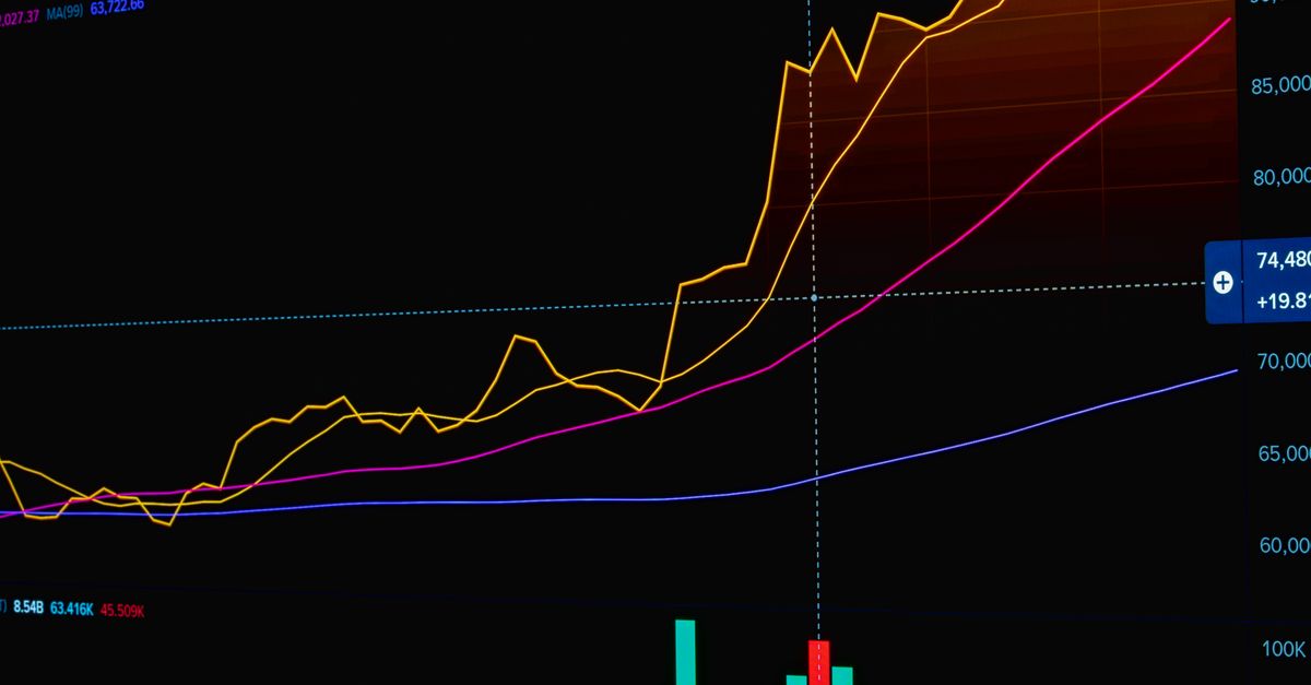 Stock market graph showing trends and data analysis with rising lines.