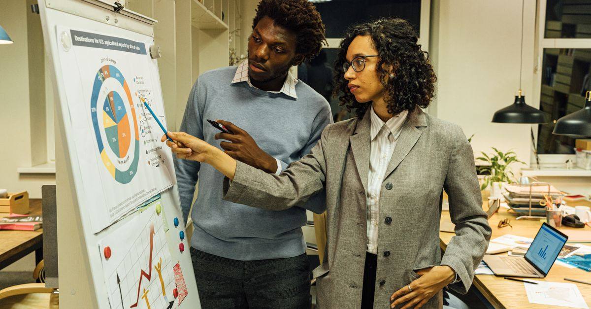Colleagues engaged in a data-driven meeting, analyzing charts and graphs on a flipchart.
