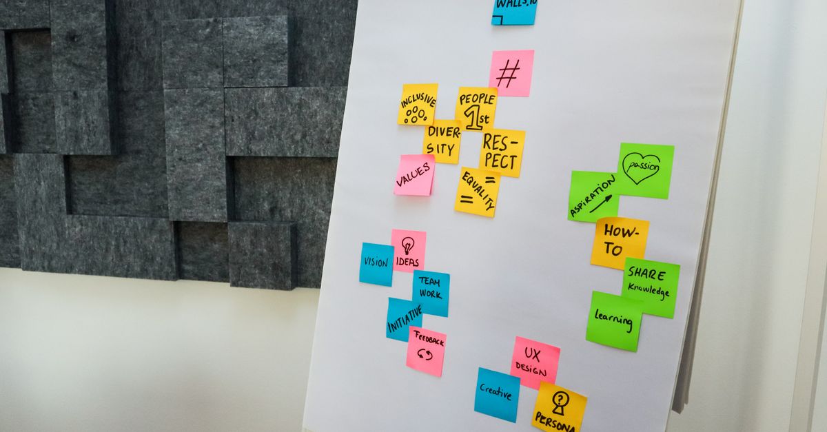 An office whiteboard filled with colorful sticky notes showcasing teamwork and creativity concepts.
