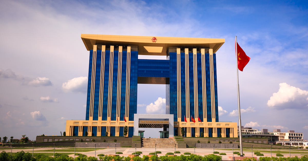 A striking modern architectural facade of a government building in Binh Duong, Vietnam.