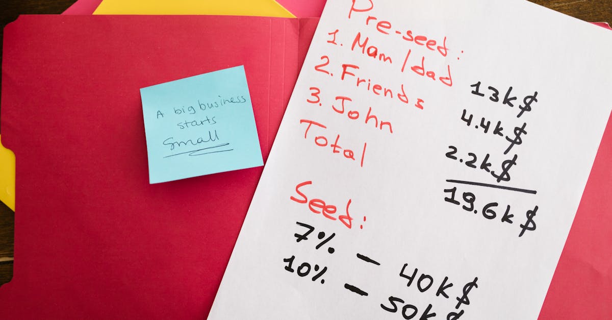 Handwritten notes detailing pre-seed and seed funding with motivational post-it on a desk.