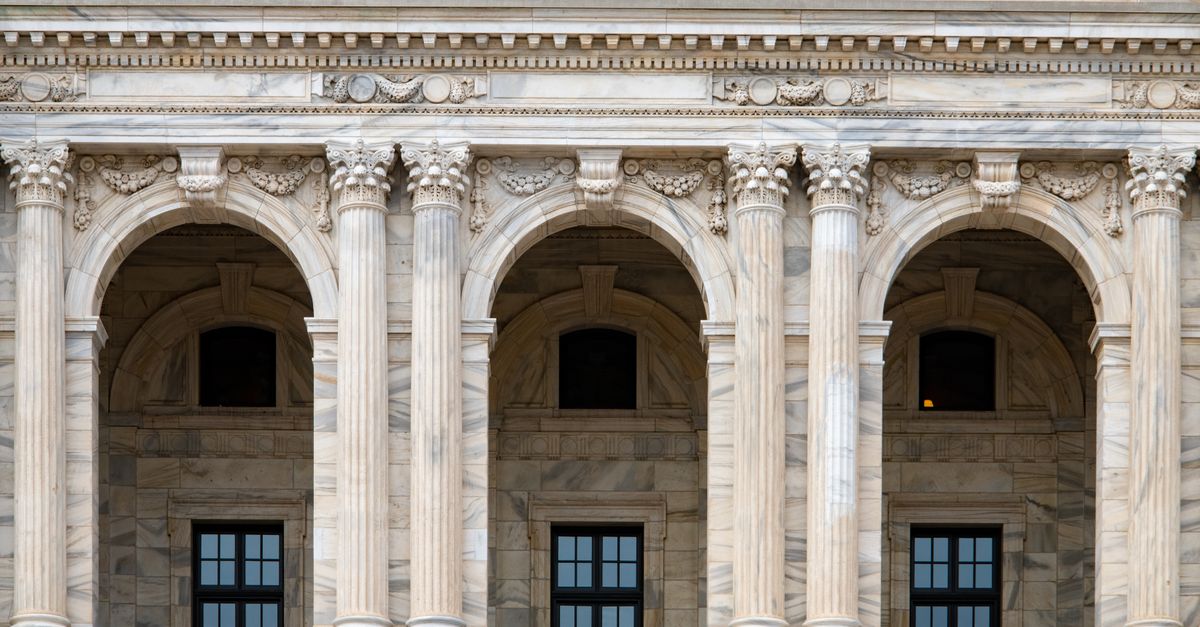 Close-up of the ornate archways and columns at the Minnesota State Capitol building.