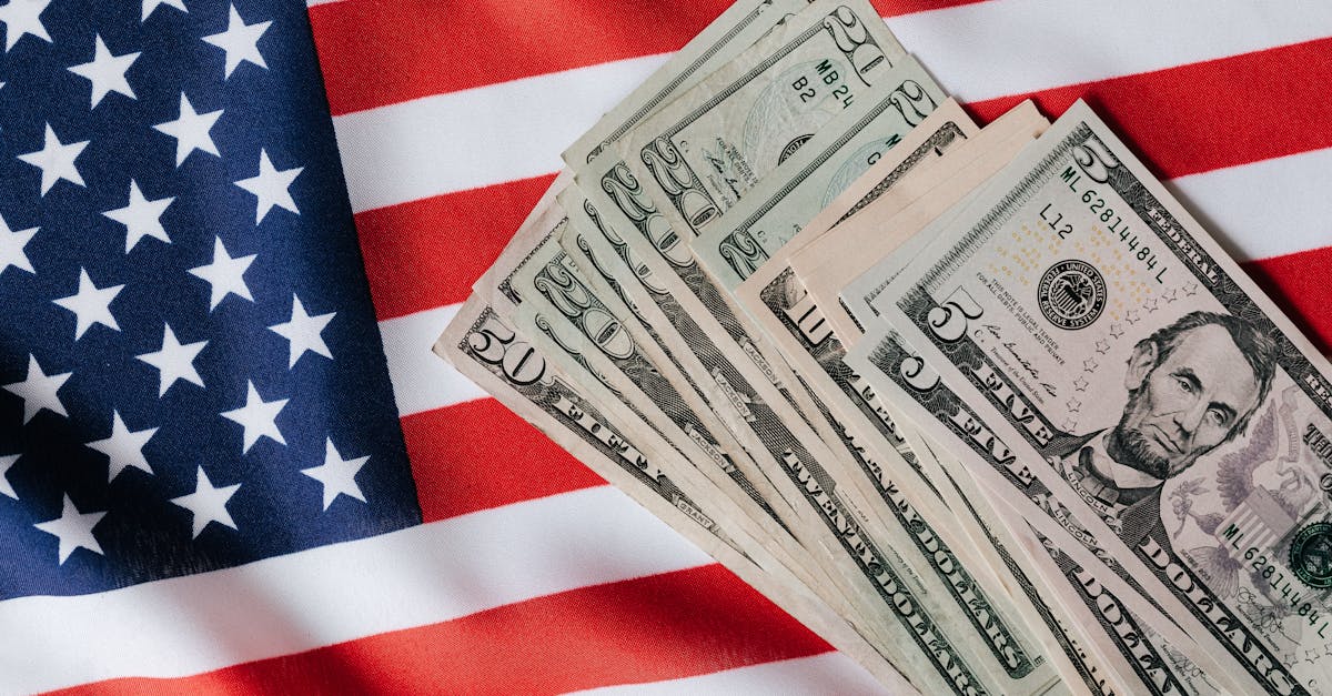 Top view of various dollar banknotes placed on flag of United States of America