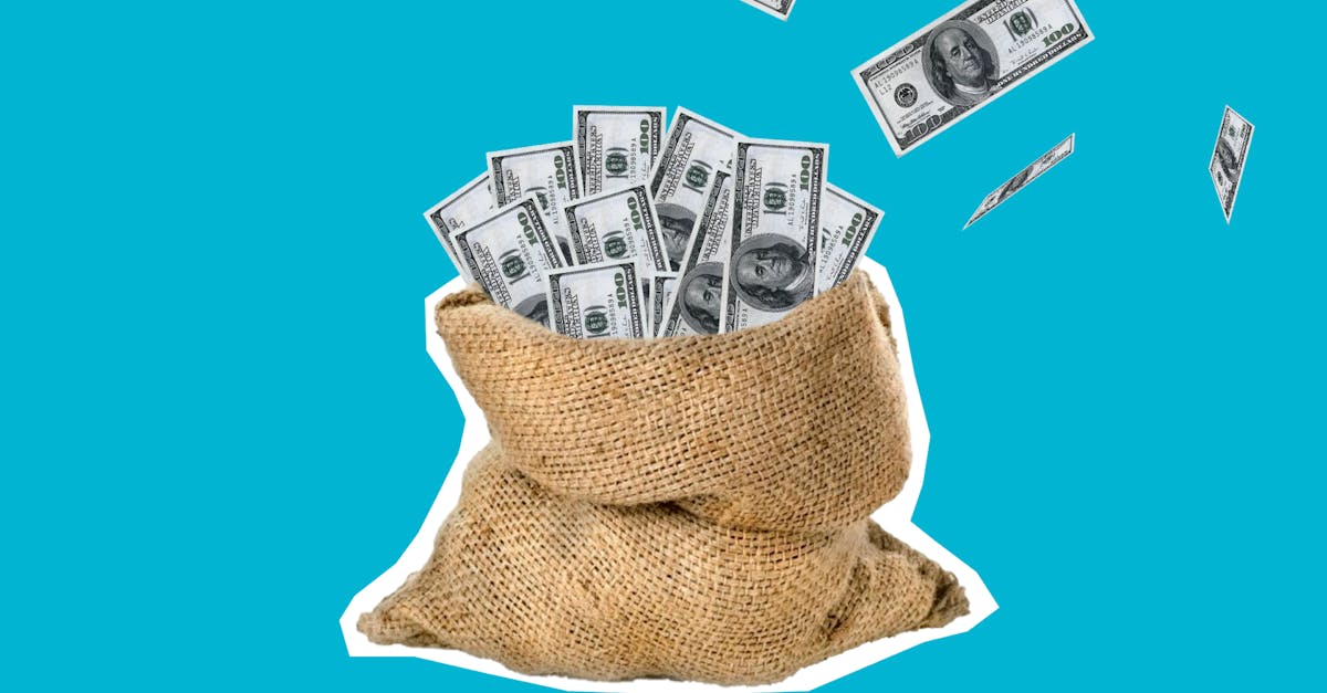 Burlap sack filled with hundred dollar bills against a clean blue background, symbolizing wealth and savings.