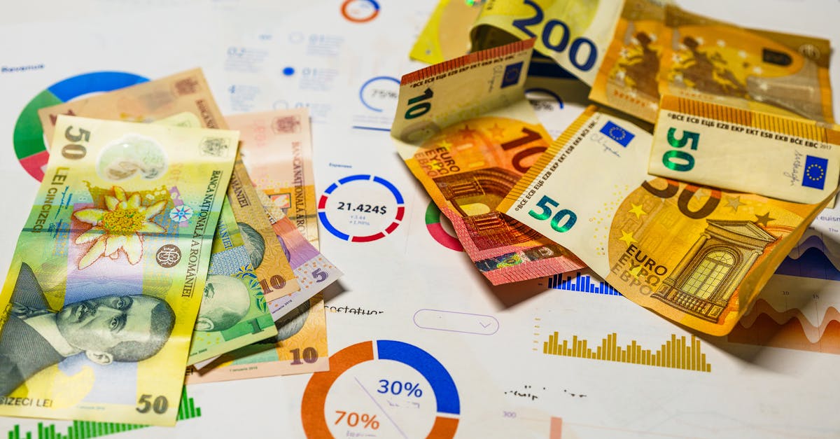 Colorful Euro and Romanian Lei banknotes on top of financial charts, symbolizing currency exchange and economic analysis.