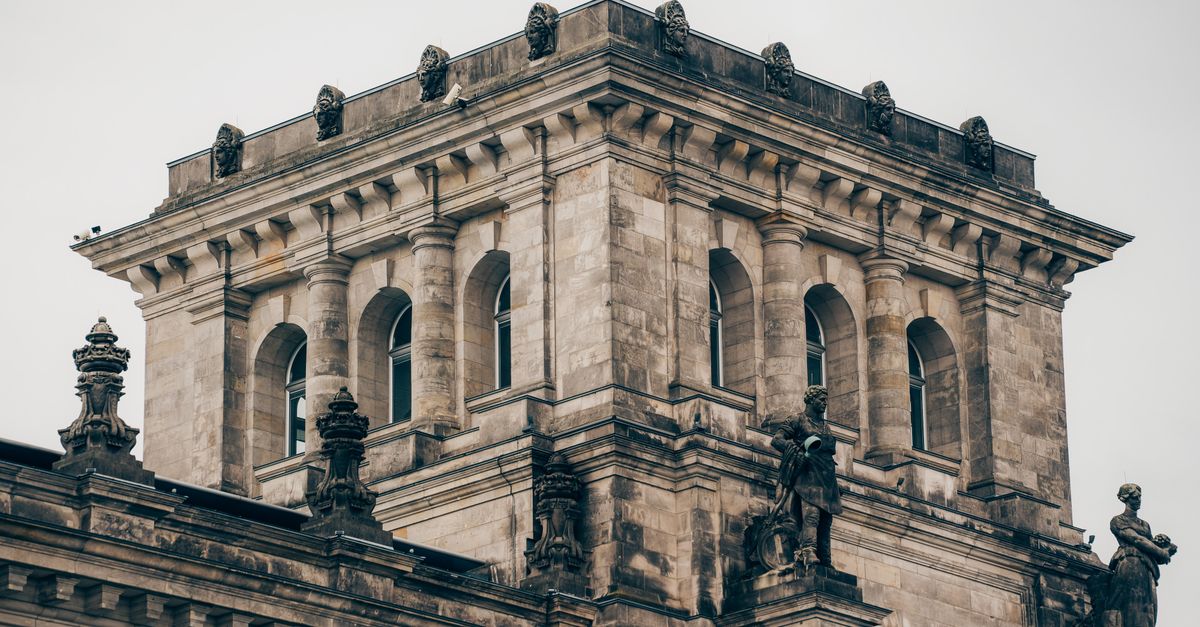 Close-up of the architectural details of the Reichstag Building in Berlin, Germany.