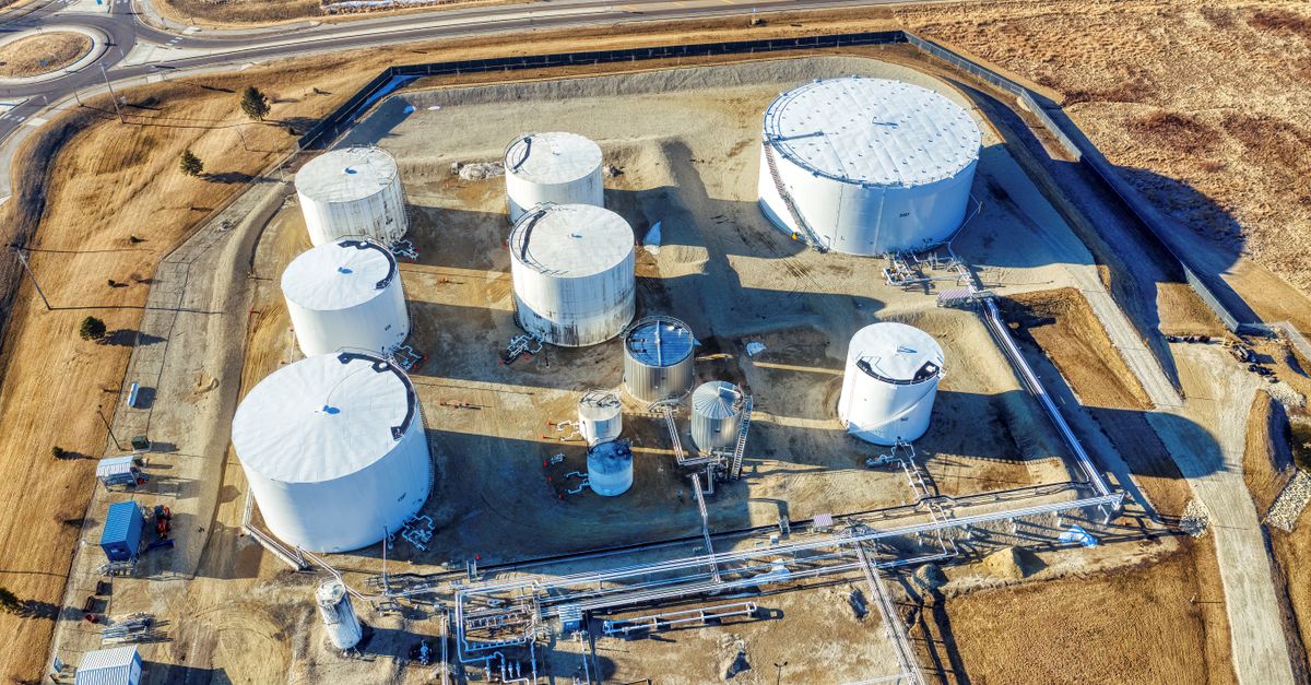 Aerial shot of a large industrial plant with storage tanks in Eyota, Minnesota.