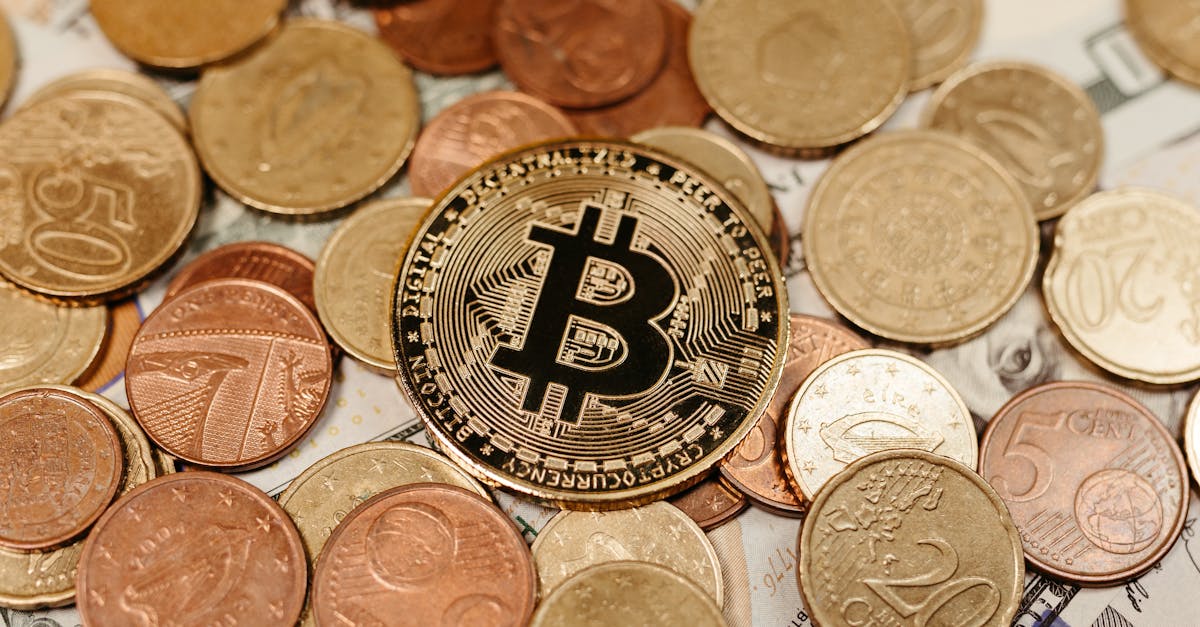 A Bitcoin coin lies on top of various euro and dollar coins, symbolizing digital currency and financial diversity.