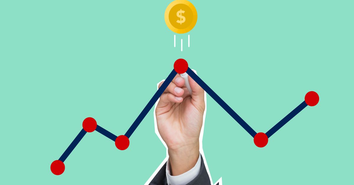 Cutout paper appliques of hand with chalk drawing graph under coin with dollar symbol on green background
