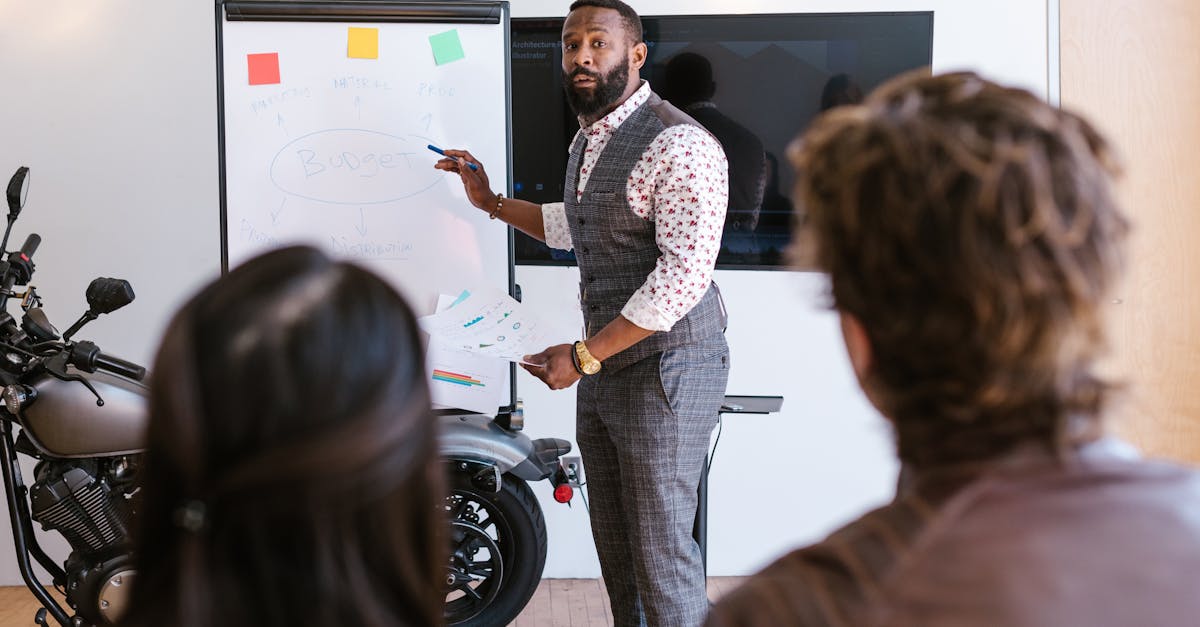 A business professional presenting ideas to diverse team using whiteboard indoors.