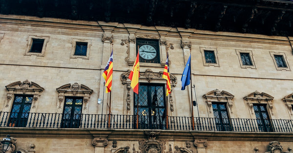 Facade of Palma's City Hall with flags and historic architecture.