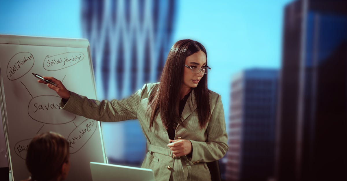 Businesswoman giving a presentation in modern office setting, Baghdad.
