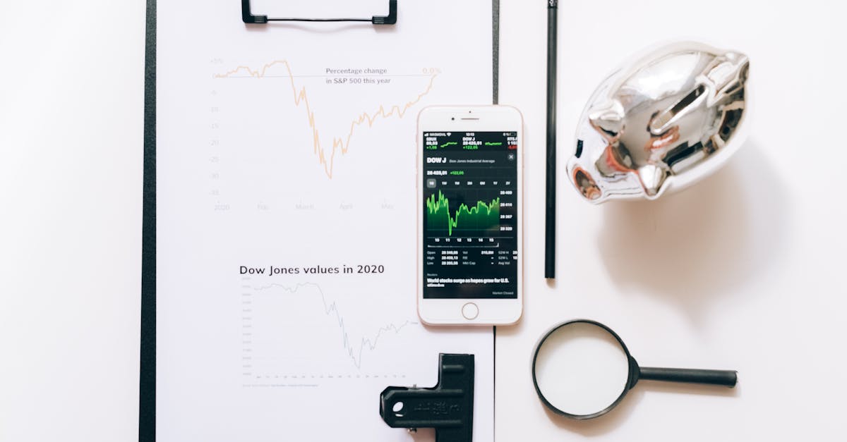 Top view of financial analysis tools including a cellphone, clipboard, magnifying glass, and piggy bank on a white desk.