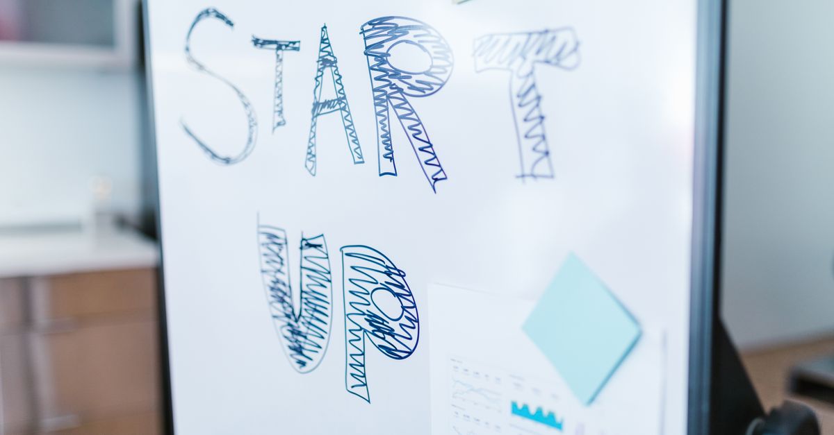 Creative startup concept handwritten on a whiteboard, symbolizing innovation in business.
