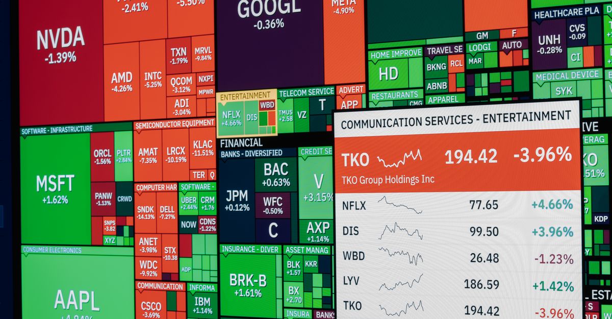 Colorful stock market board displaying various company stock performances and trends.