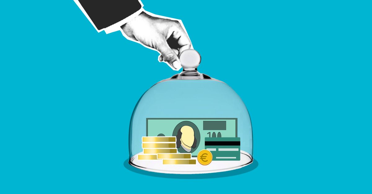 Decorative cardboard illustration of person hand putting transparent dome on dollar banknotes and coins on blue background