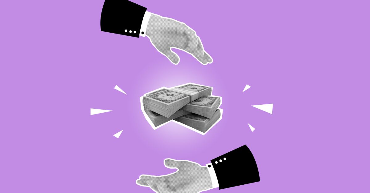 Decorative cardboard appliques representing piles of banknotes between hands of business partners on violet background