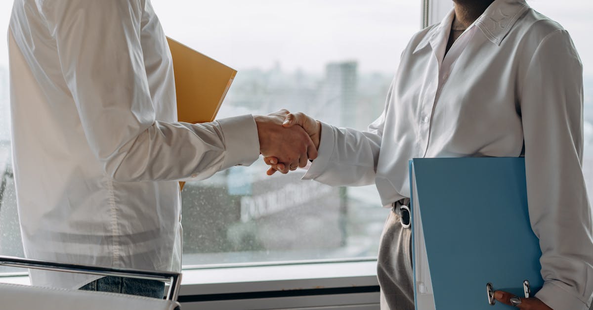 Two professionals in business attire shaking hands in an office setting with view.