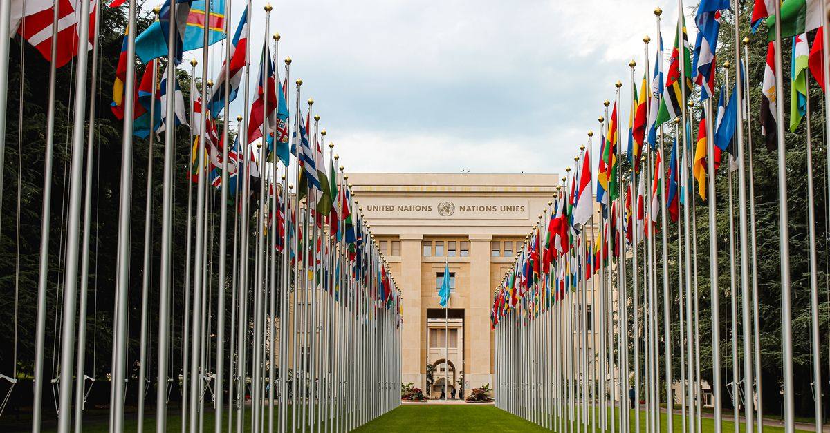 From below of various flags on flagpoles located in green park in front of entrance to the UN headquarters in Geneva