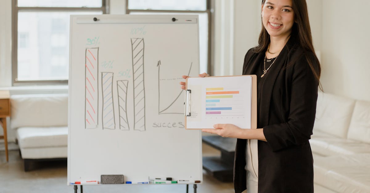 Woman presenting business data on clipboard with success graph in an office.