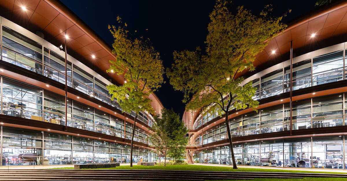 Illuminated view of the James H. Clark Center at Stanford University captured at night.