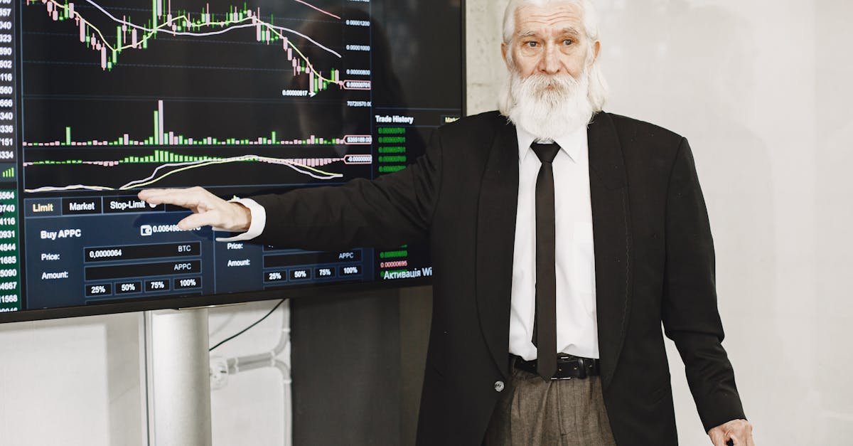 Senior businessman presenting stock market analysis with a chart display in a corporate setting.