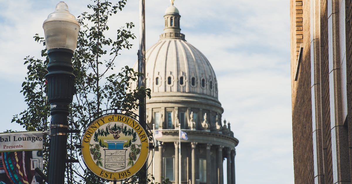 Iconic dome of Boundary County Courthouse set against clear sky, with street sign in foreground.