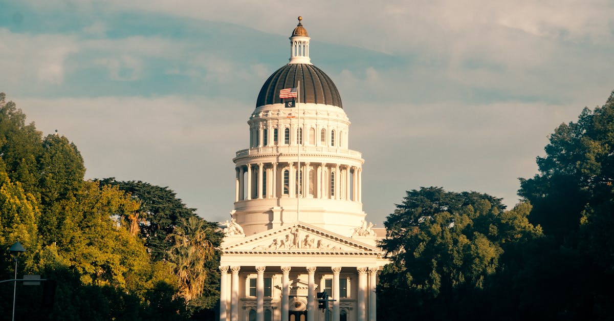 Captivating view of the California State Capitol amidst lush greenery under a clear sky.