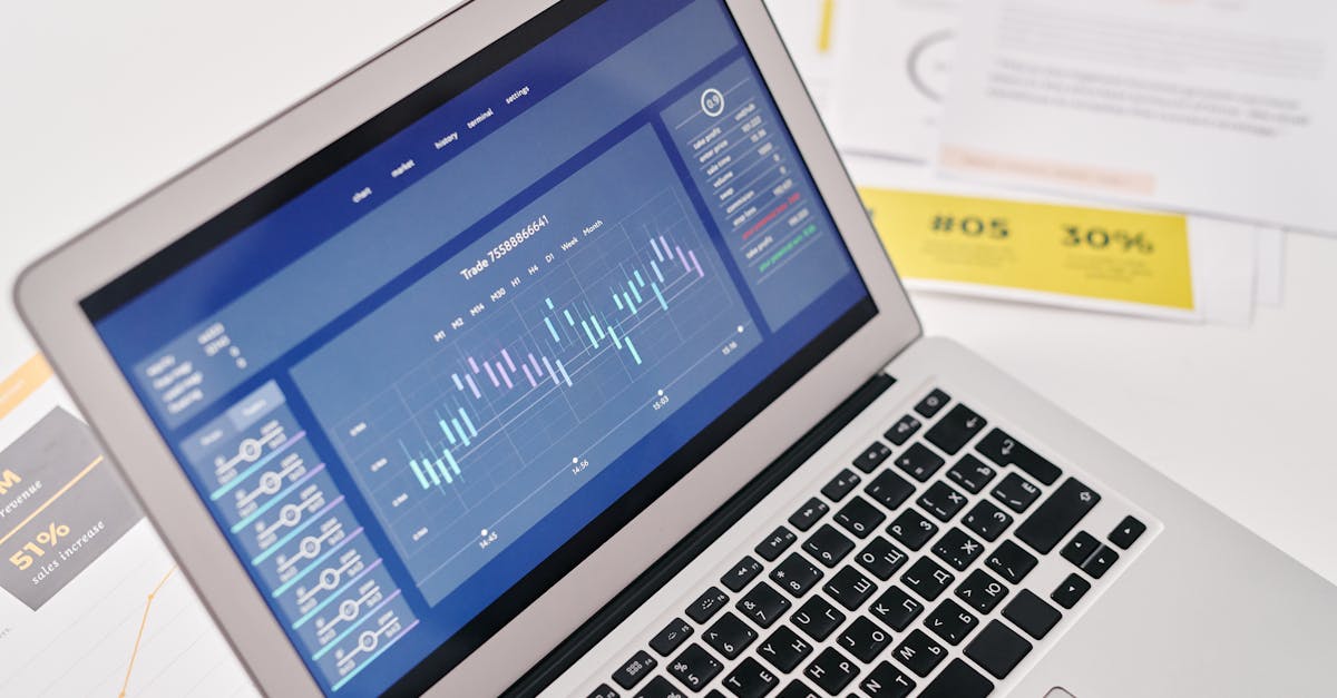 Open laptop displaying financial graphs and analytics with documents nearby, ideal for business presentations.