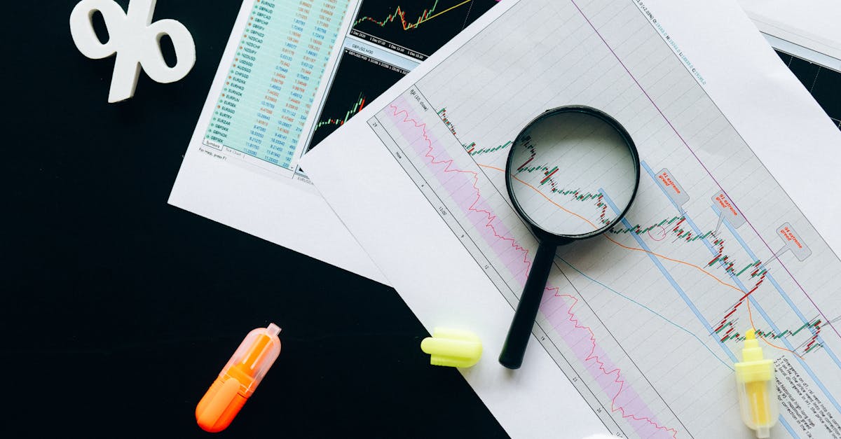 High-angle view of financial charts, showcasing stock market analysis with magnifying glass and highlighters.