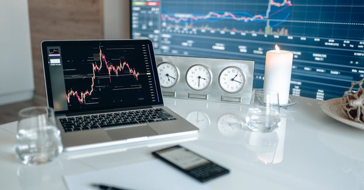A modern workspace featuring financial charts and multiple clocks on a white table, ideal for trading.