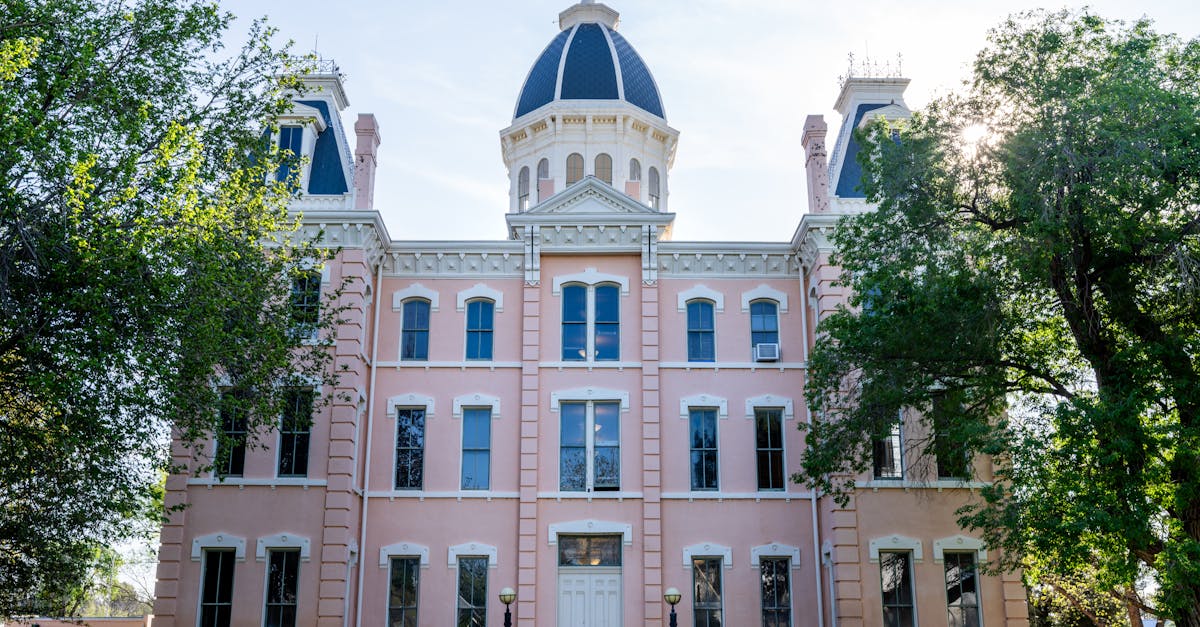 Front view of the iconic Presidio County Courthouse in Marfa, Texas, framed by trees under a clear sky.